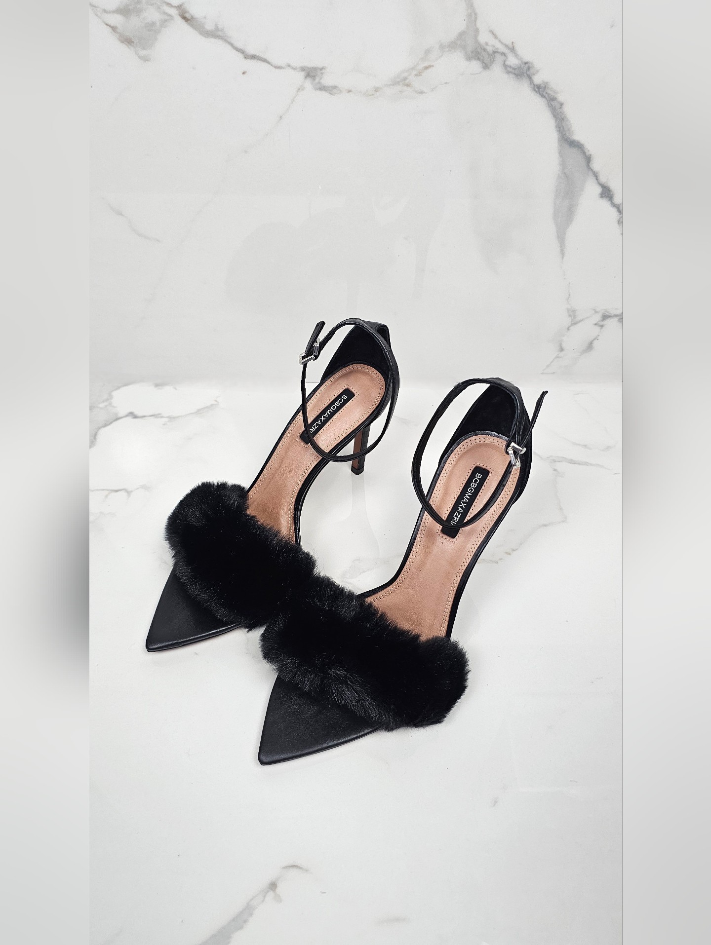 Bcbgmaxazria Denli Black Faux Fur Pointed Toe Ankle Strap Heels - Size 7.5 New